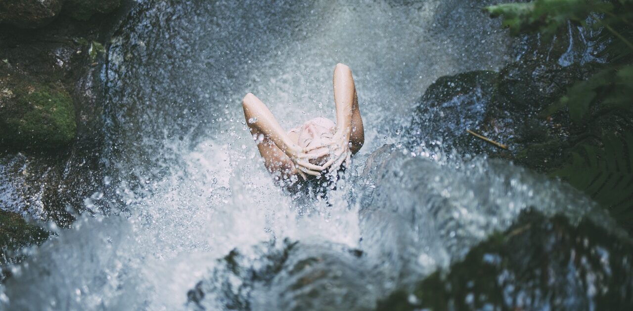 waterfall, woman, showering, bathing, environment, nature, outdoors, person, river, rock, splash, stream, water, wet, clean, earth day